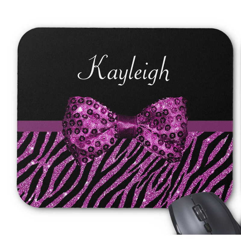 Chic Purple Zebra Print FAUX Glitz Bow With Girls Name Mouse Pad