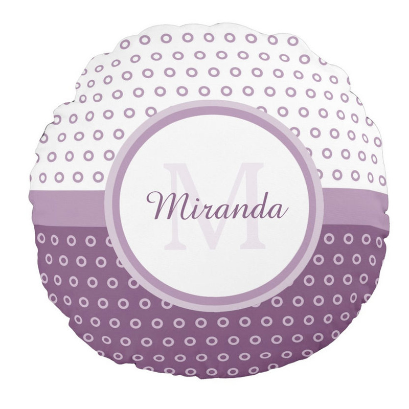 Mod Purple and White Polka Dots Monogram With Name Round Pillow