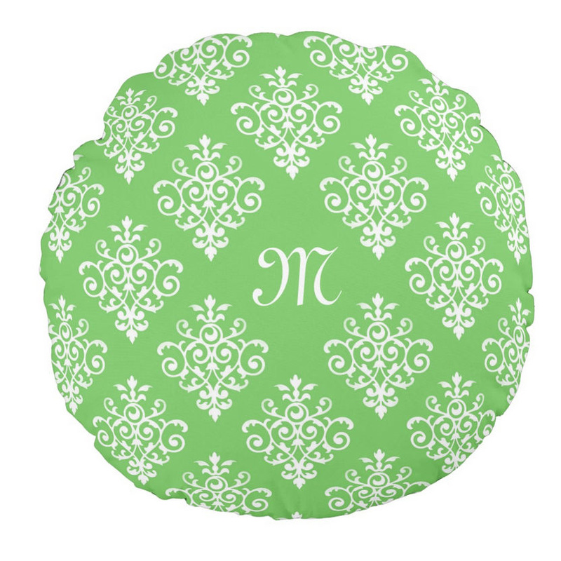 Modern Monogrammed Bright Green Damask Pattern Round Pillow