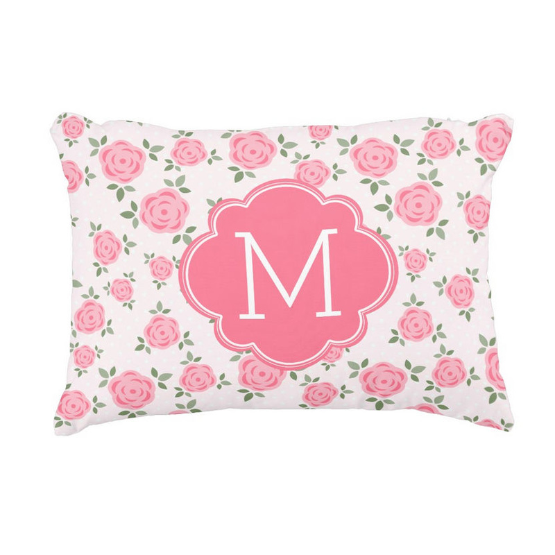 Pretty Pink Rose Floral Pattern Chic Monogrammed Accent Pillow