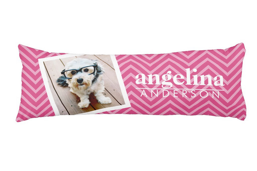 Trendy Photo with Hot Pink Chevron Pattern and Custom Name Body Pillow
