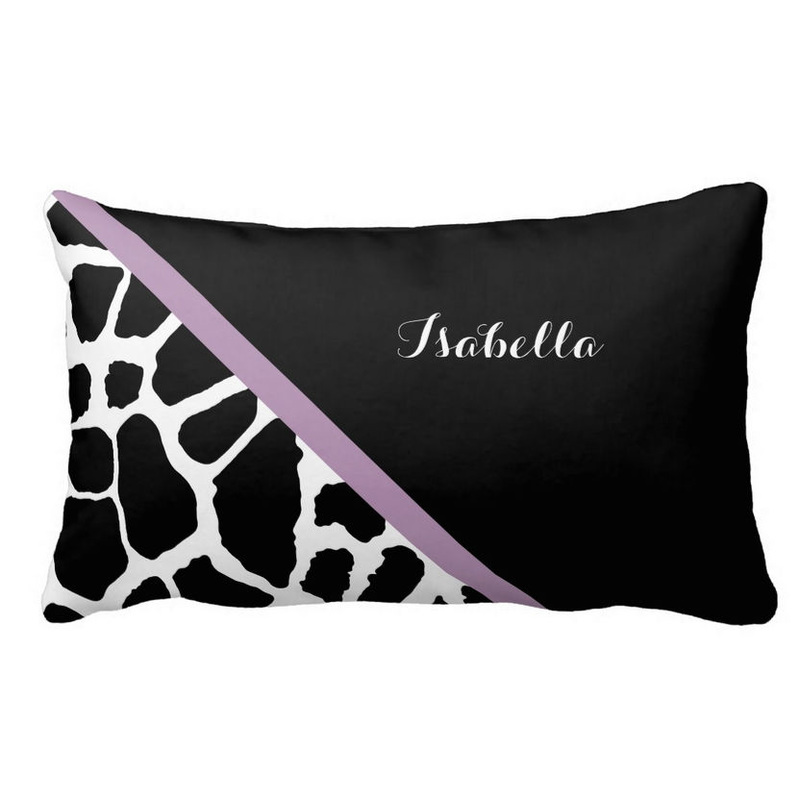Cute Giraffe Print Lavender Purple Stripe and Name Pillow