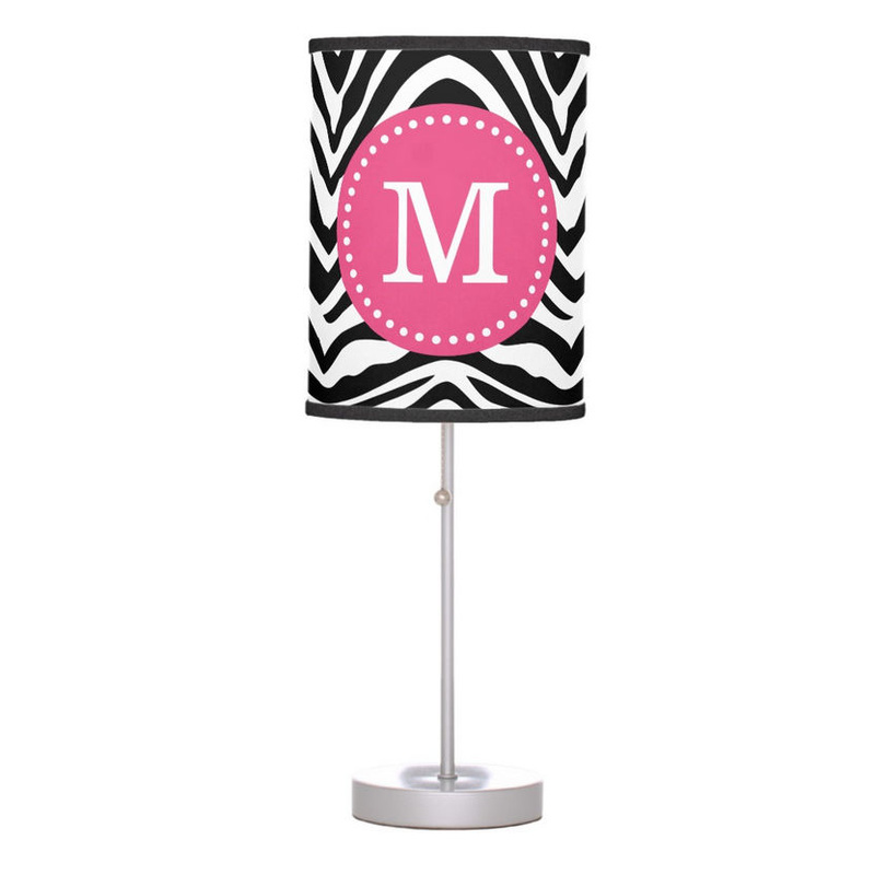 Black and Pink Zebra Print Custom Monogram Desk Lamp