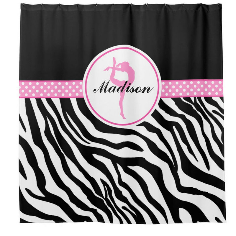 Girly Zebra Print Gymnastics With Pink Polka Dots and Name Shower Curtain
