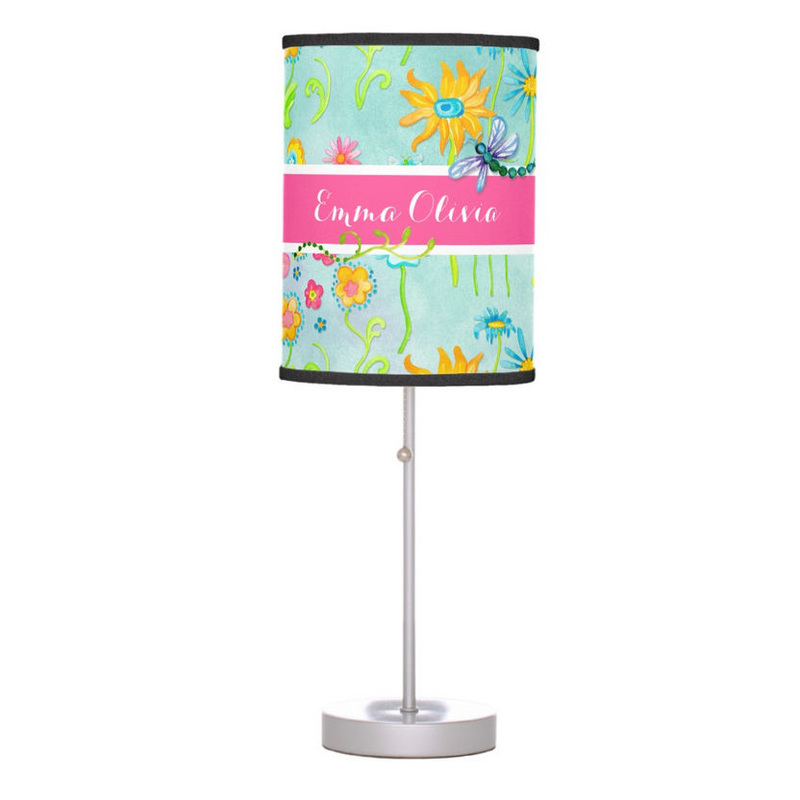 Whimsical Watercolor Flowers Dragonfly Butterfly With Girls Name Desk Lamp