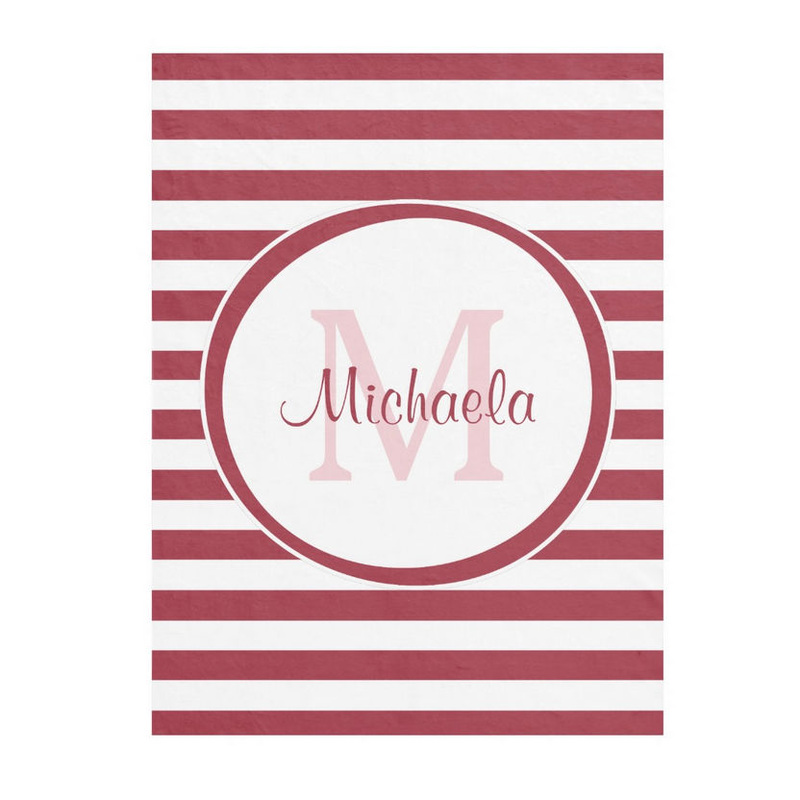 Chic Big Stripes Monogrammed Name in Red and White Fleece Blanket
