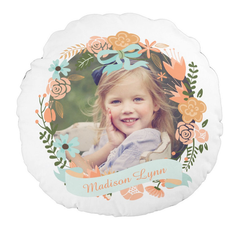Peach and Mint Girly Floral Wreath With Photo and Custom Name Round Pillow