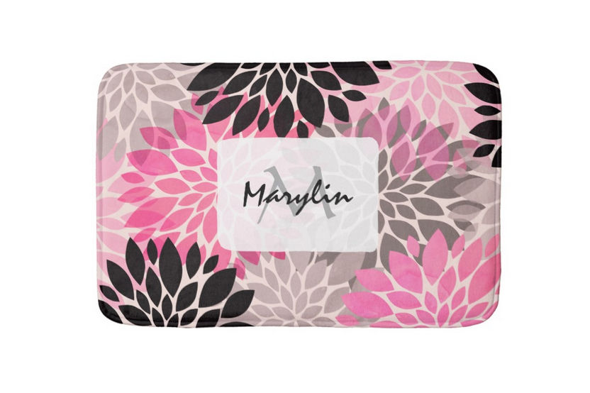 Modern Hot Pink Black Floral Pattern With Name and Monogram Bath Mat