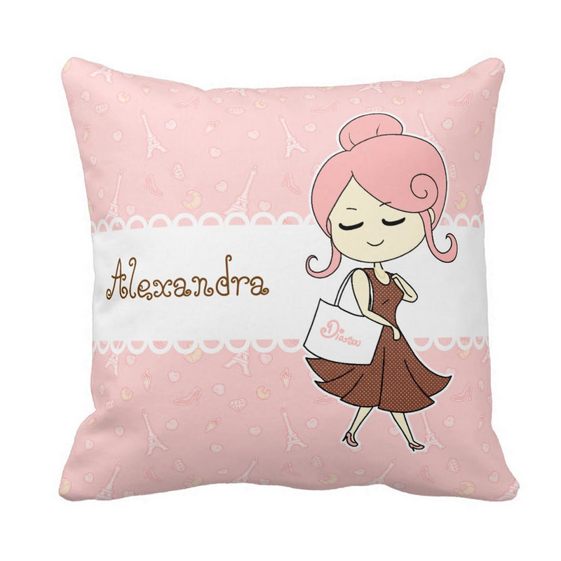Girly Girl in Chic Pink and Trendy Paris Personalized With Name Square Pillow