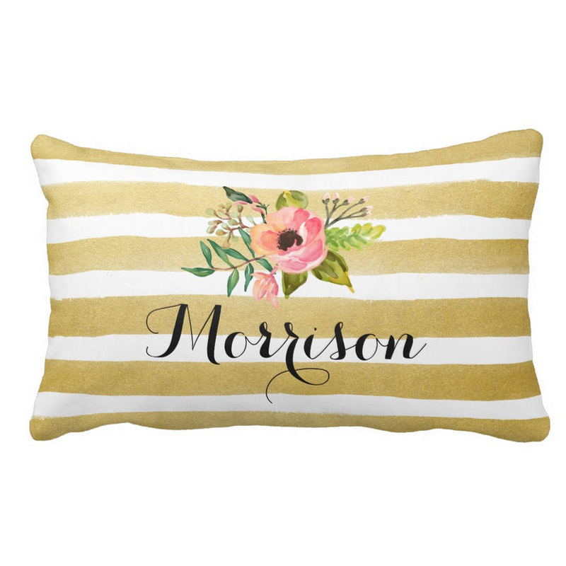 Chic Watercolor Gold and White Stripes Flower Monogram Throw Pillow