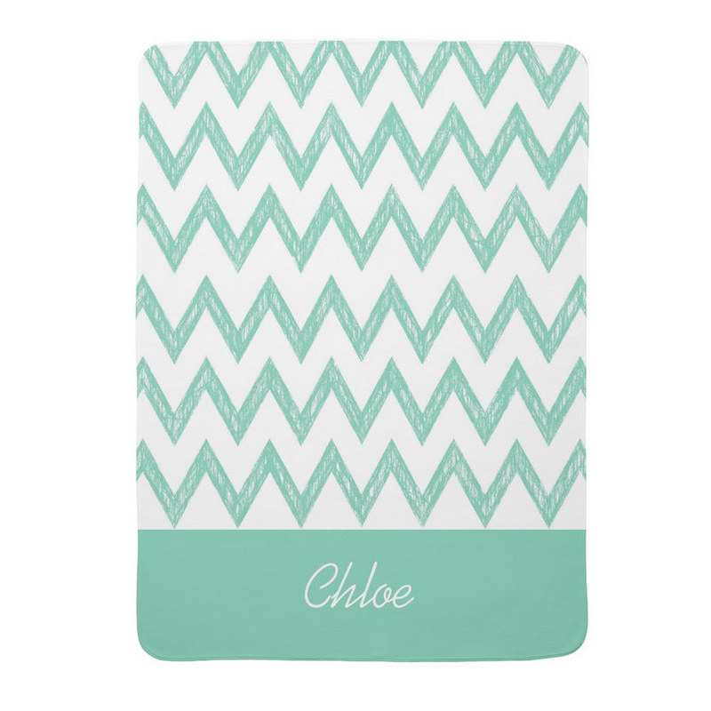 Trendy Pencil Mint Green Chevron Zigzags With Name Stroller Blankets