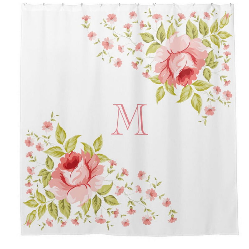 Country Chic Pink Roses Motif With Feminine Monogram Shower Curtain