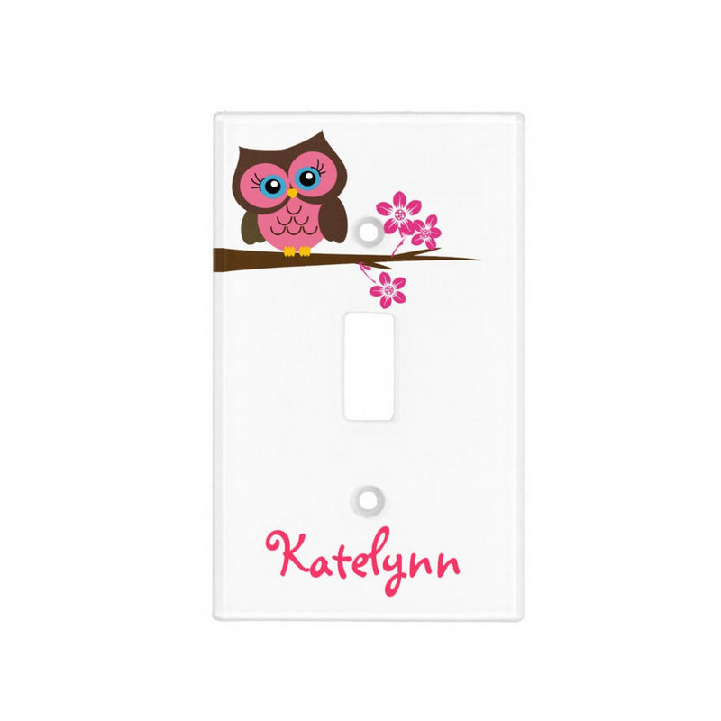 Cute Pink Owl on Blossom Branch With Personalized Name Light Switch Cover