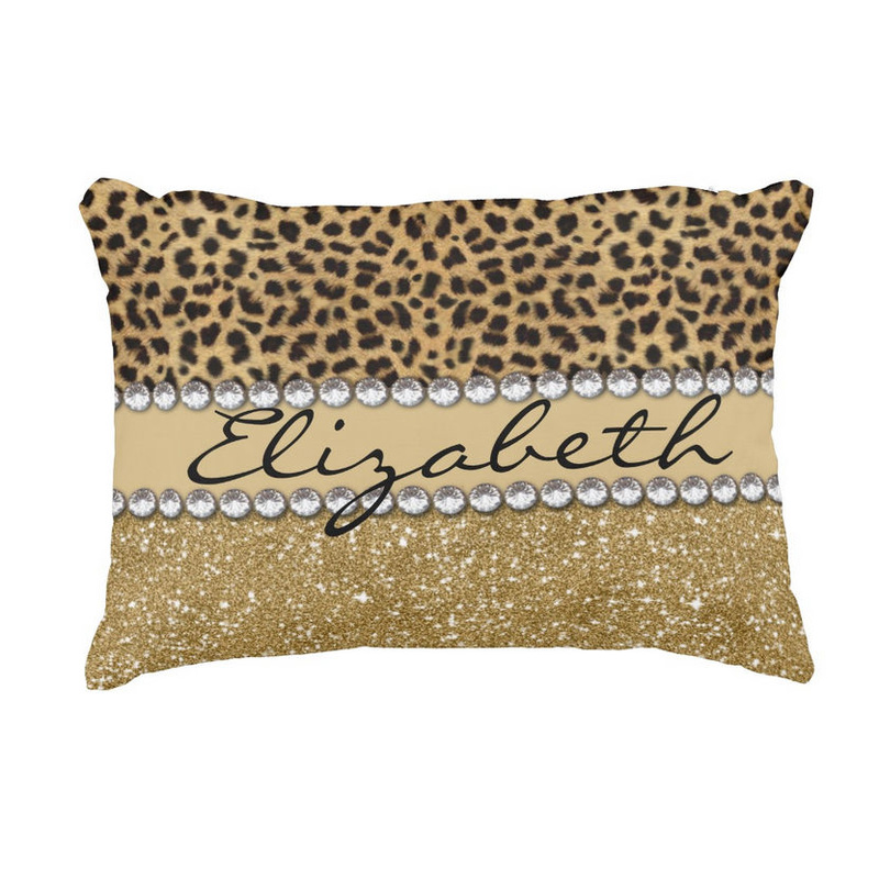 Leopard Spot Gold Glitter Rhinestone Pattern With Name Accent Pillow
