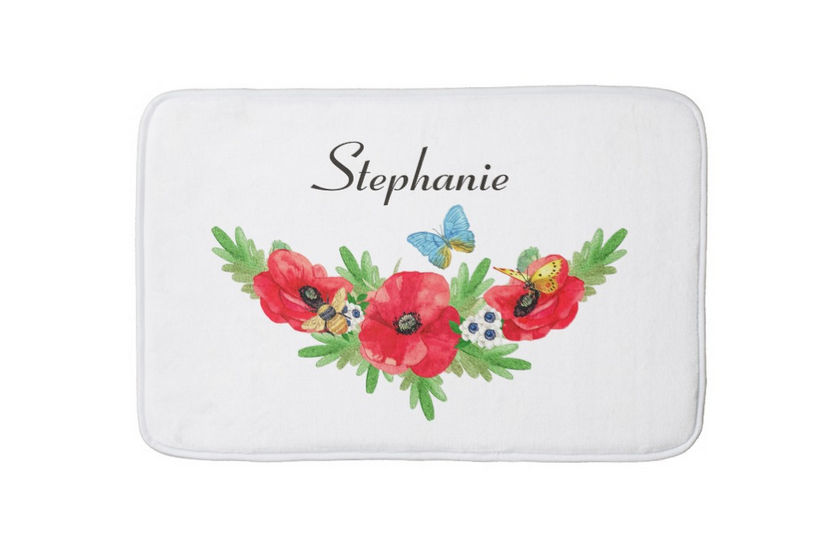 Whimsical Vintage Red Poppy Watercolor Flowers With Name Bath Mat