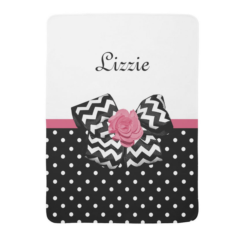 Cute Black Dots Pink Rose Chevron Bow and Name Stroller Blankets