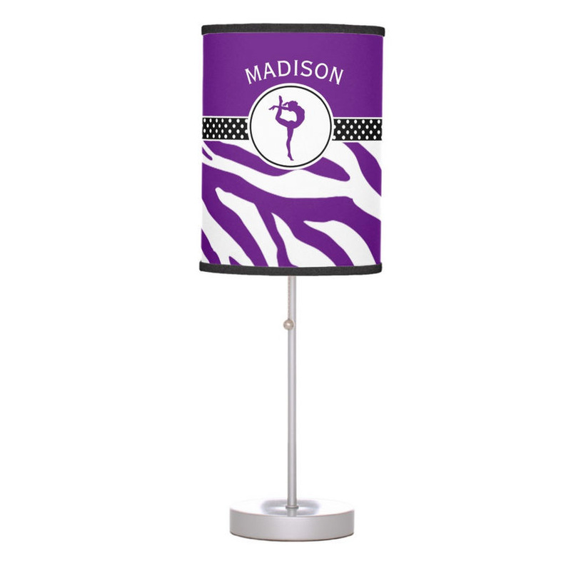 Trendy Purple Zebra Print Gymnastics With Personalized Name Table Lamp
