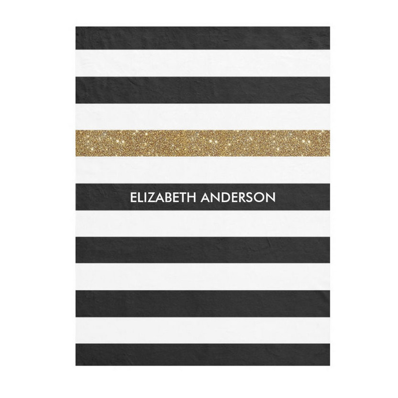 Modern Black Stripes FAUX Gold Glitz Pattern and Name Fleece Blanket