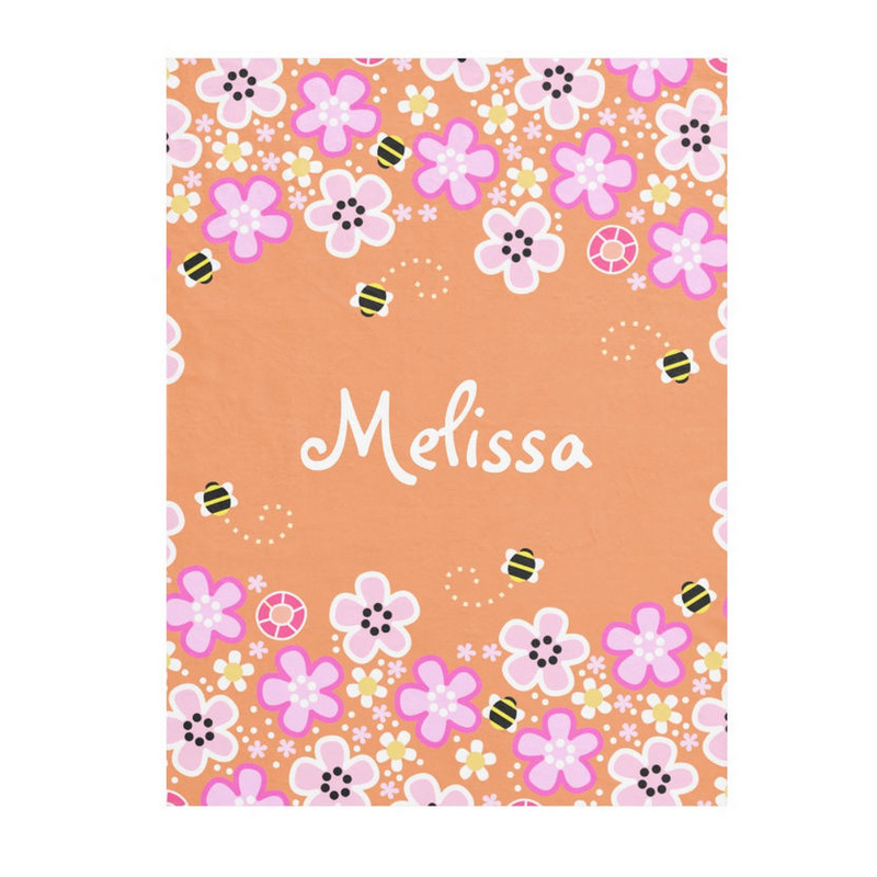 Pretty Pink Flowers and Cute Bumble Bees Personalized With Name Fleece Blankets