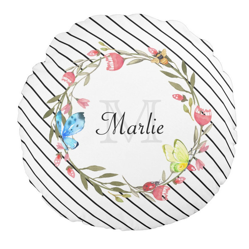 Girly Butterfly Floral Thin Black and White Diagonal Stripes and Name Round Pillow