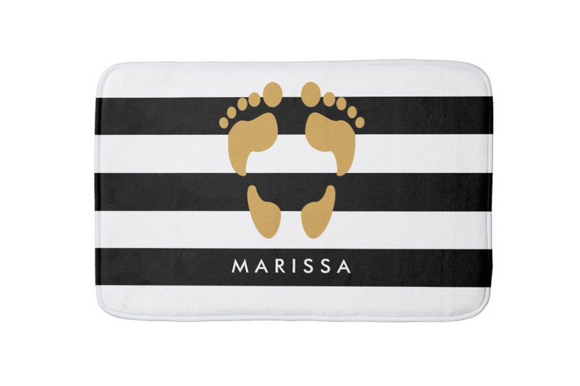 Trendy Gold Footprints With Name Black and White Stripes Bath Mat