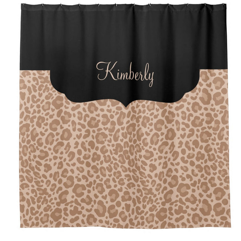 Brown Leopard Pattern With Girls Name on Black Scalloped Border Shower Curtain