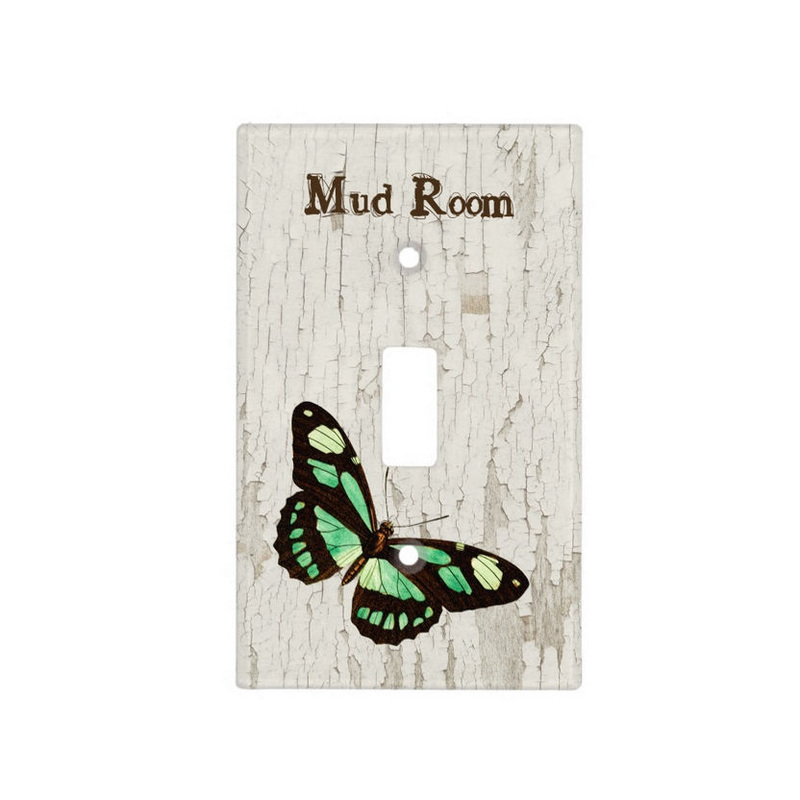 Rustic White Wood Mud Room Pretty Green Butterfly Light Switch Cover