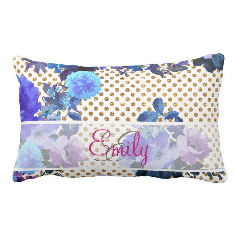 Monogrammed Blue Floral Pattern Girly Gold Polka Dots and Name Throw Pillow