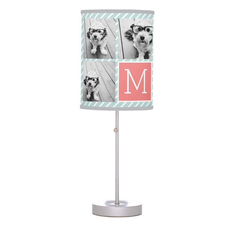Modern Mint Stripes and Coral Photo Collage Custom Monogram Desk Lamp