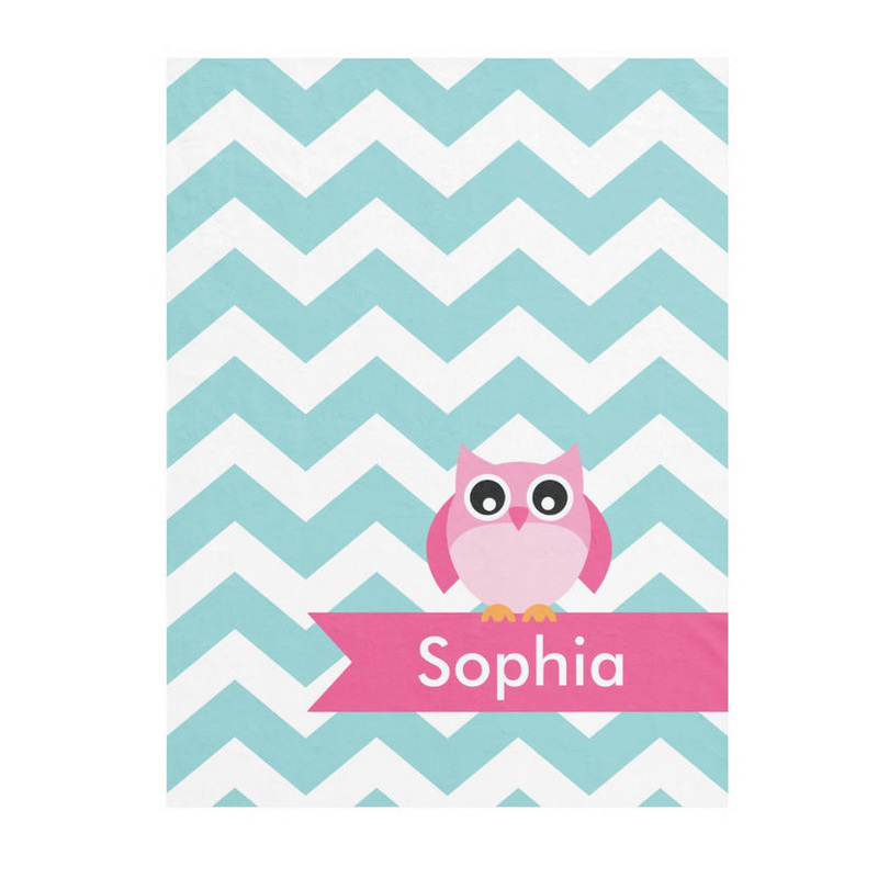 Personalized Light Teal Chevron With Cute Pink Owl and Name Fleece Blanket