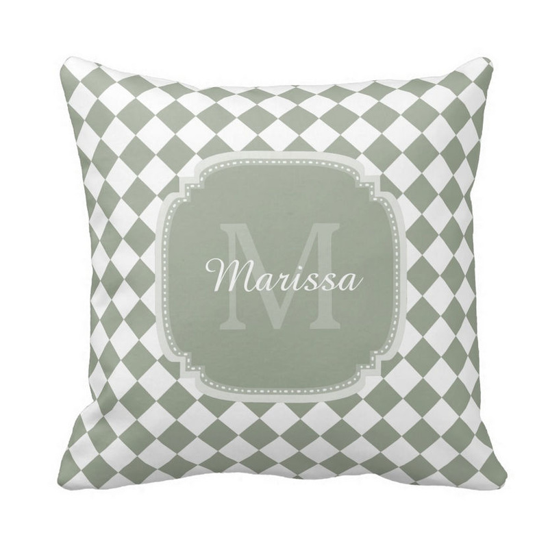 Trendy Sage Green Checked Monogrammed Name Pillow