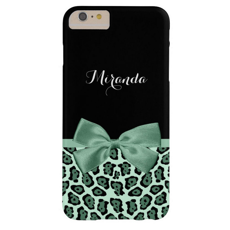 Cute Jaguar Print With Mint Green Ribbon and Name Barely There iPhone 6 Plus Case