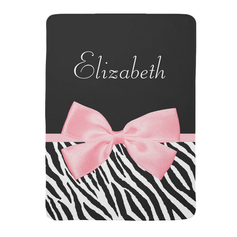 Chic Zebra Print Girly Light Pink Ribbon Baby Name Receiving Blankets