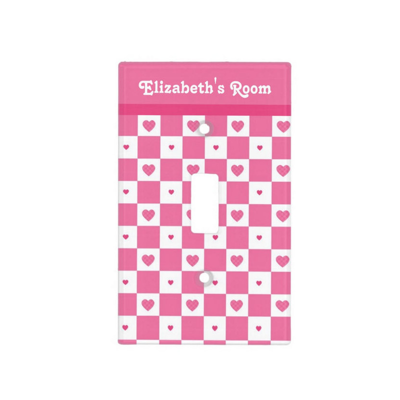 Cute Pink and White Heart Pretty Squares With Girls Name Light Switch Cover