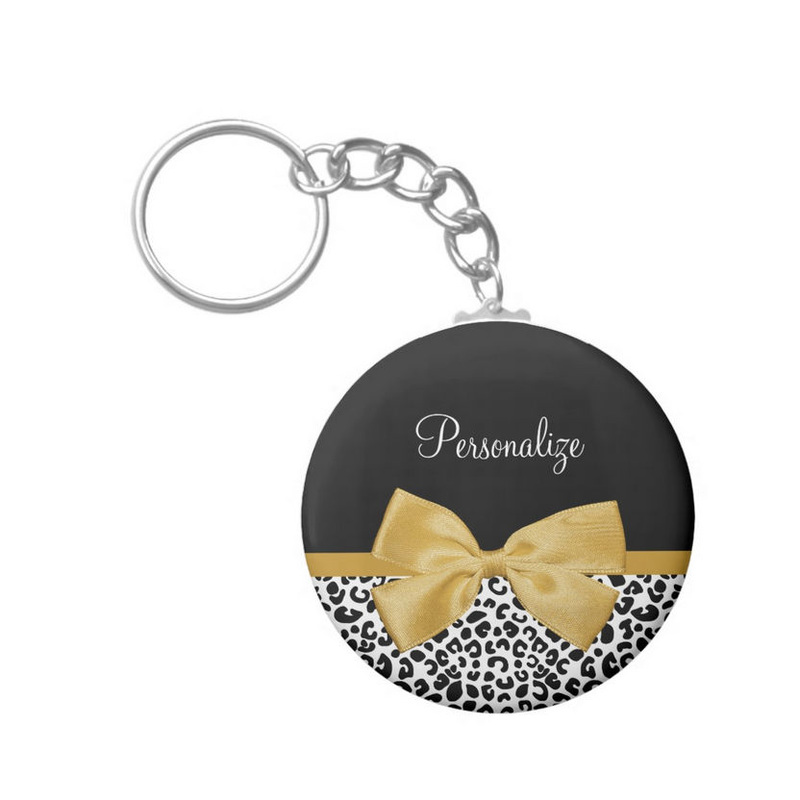 Girly Leopard Print Chic Gold Bow With Name Basic Round Button Keychain