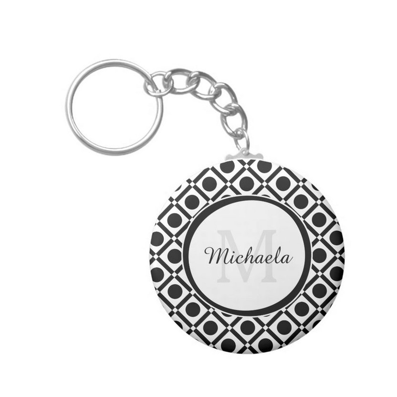 Modern Black and White Geometric Monogram and Name Button Keychain