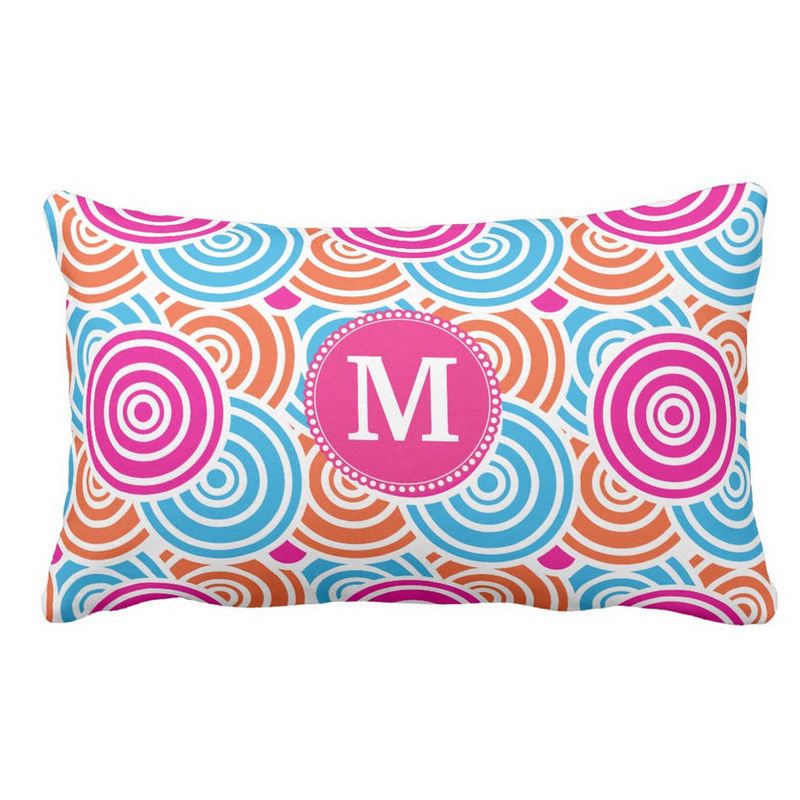 Fun Personalized Monogram Hot Pink and Turquoise Geometric Circles Throw Pillow
