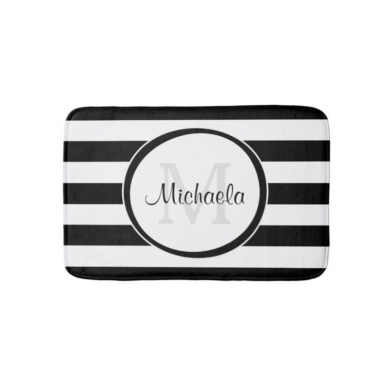 Trendy Black White Stripes With Monogram and Name Bathroom Mat