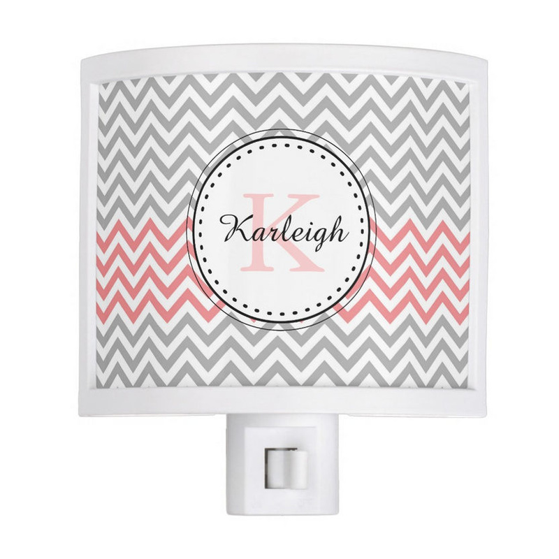 Trendy Coral and Gray Chevron Pattern With Name and Monogram Night Light