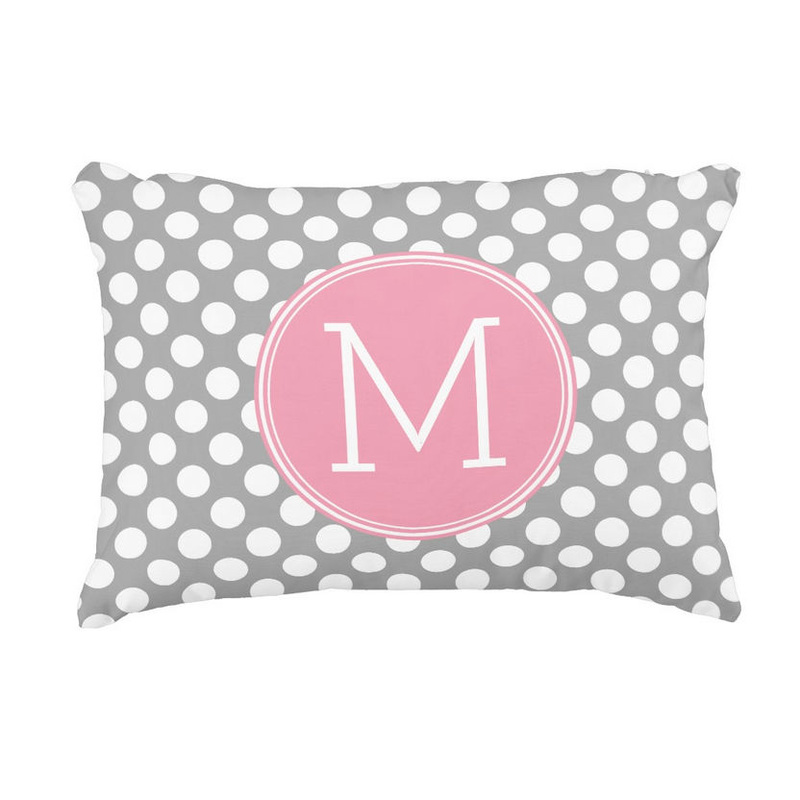Girly Pastel Pink and Gray Polka Dots With Custom Monogram Accent Pillow