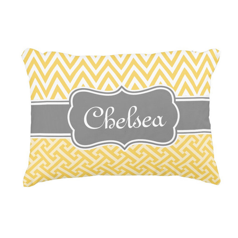Girly Yellow Greek Key Chevron Patterns With Grey Name Badge Accent Pillow