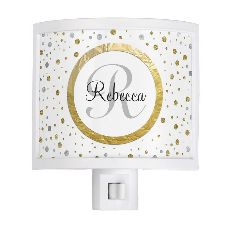 Chic Faux Gold Foil and Silver Confetti With Name and Monogram Night Lite