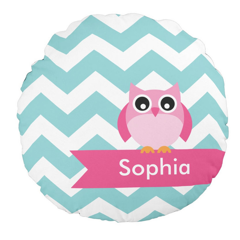 Cute Personalized Aqua and White Chevron Pink Owl Girl Name Round Pillow