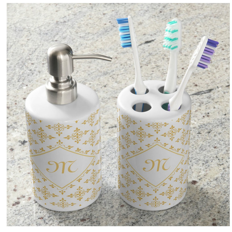 Luxury Monogram White and Gold Quatre Floral Bathroom Soap Dispenser Set 