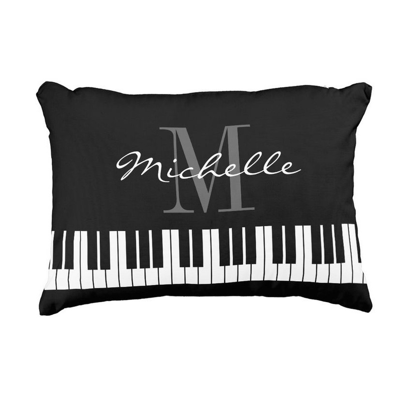Modern Girly Black and White Piano Keys With Monogram Accent Pillow