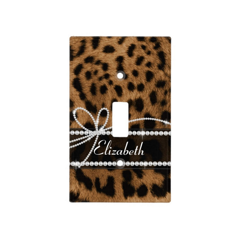 Chic Faux Brown Leopard Print Girly Pearl Bling Bow With Name Light Switch Cover
