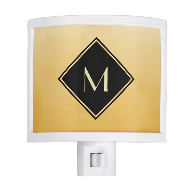 Elegant Brushed Yellow With Simple Black and Gold Monogram Night Light