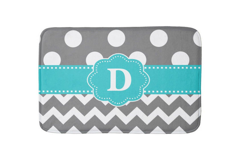 Gray and White Chevrons and Dots With Teal Monogram Bathmat