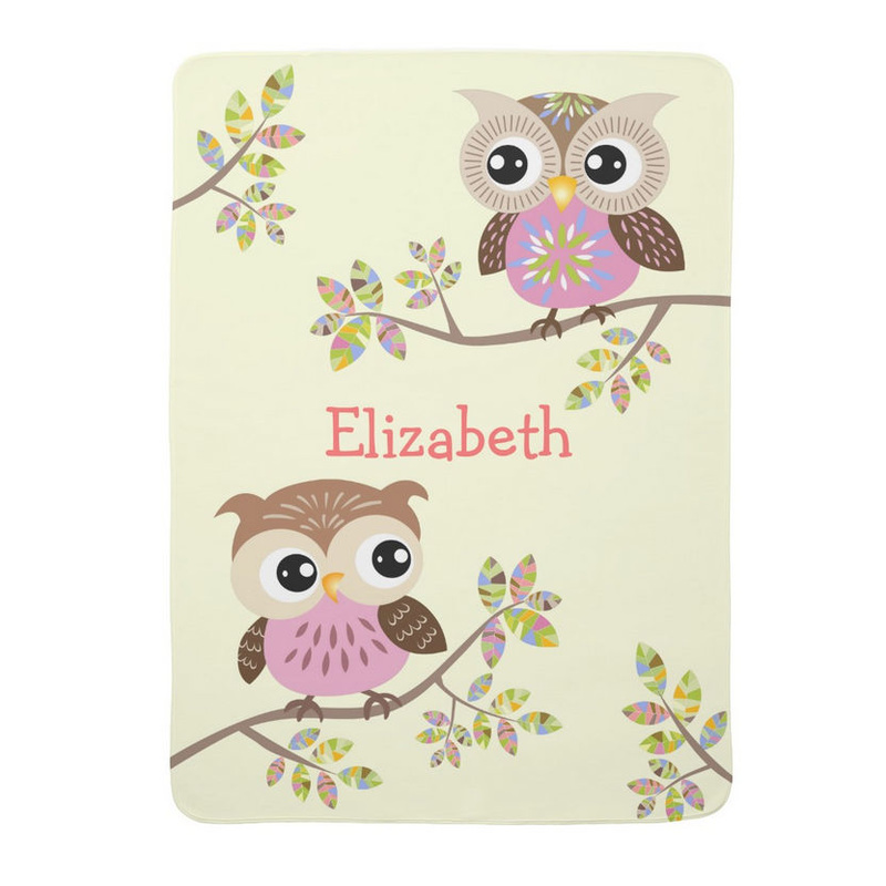 Two Cute Owls on Colorful Branches Girly Personalized Baby Blanket