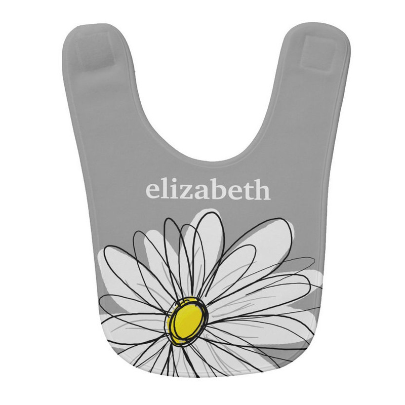 Trendy Daisy Flower With Soft Gray Background and Custom Name Baby Bib